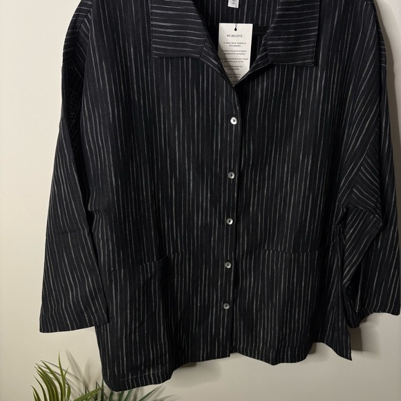 Marla Wynne Linen Black Stripe Button Shirt Top Large NWT - Picture 2 of 5